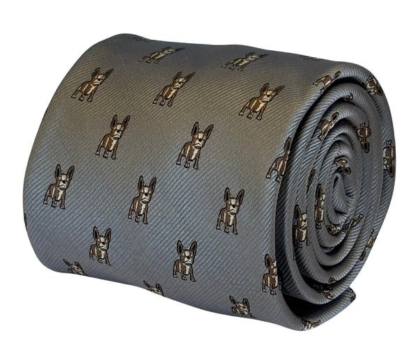 silver grey tie with french bulldog design